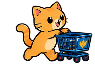 Glückliche Katze schiebt einen Warenkorb und wirft Booster Packs, Pokébälle, Plüschtiere und Displays hinein